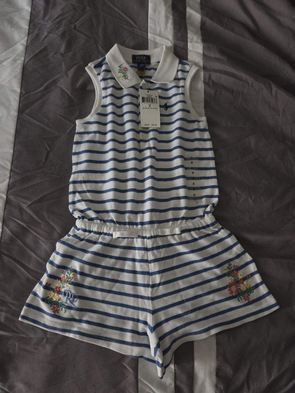 Polo by Ralph Lauren Girls' Blue & White Striped Sleeveless Romper